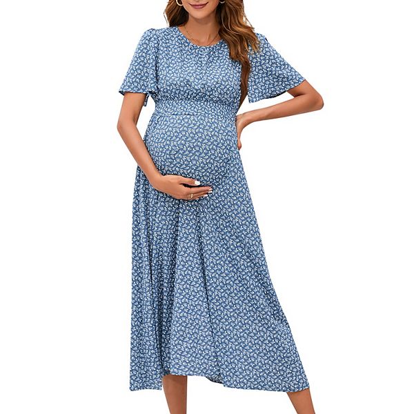 Women's Maternity Boho Ruffles Short Sleeve Dress Floral Smocked Scoop Neck Midi Dresses Kojooin