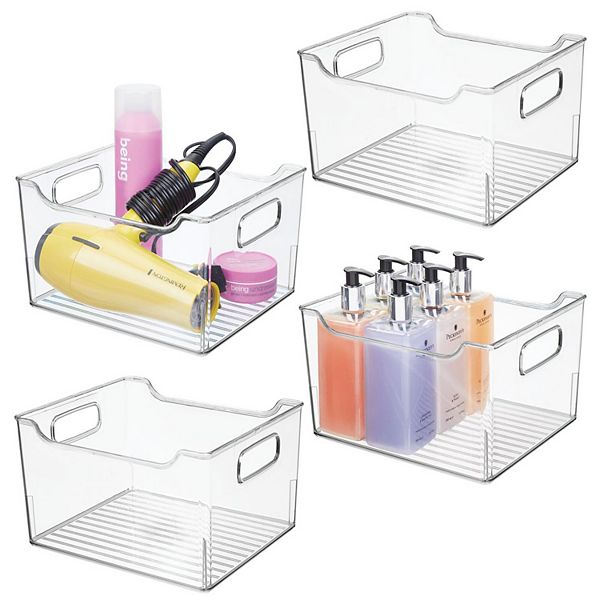 mDesign Plastic Bathroom Vanity Storage Organizer Bin, Handles, 4 Pack - Clear mDesign