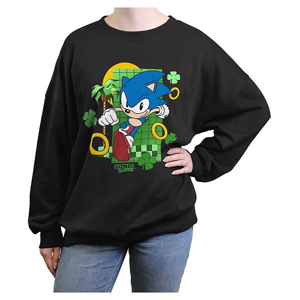 Juniors' Sonic The Hedgehog Running Rings And Shamrocks Oversized Graphic Pullover Sonic The Hedgehog