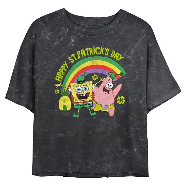 Juniors' Nickelodeon SpongeBob SquarePants And Patrick Happy Saint Patrick's Day Cropped Graphic Tee Nickelodeon