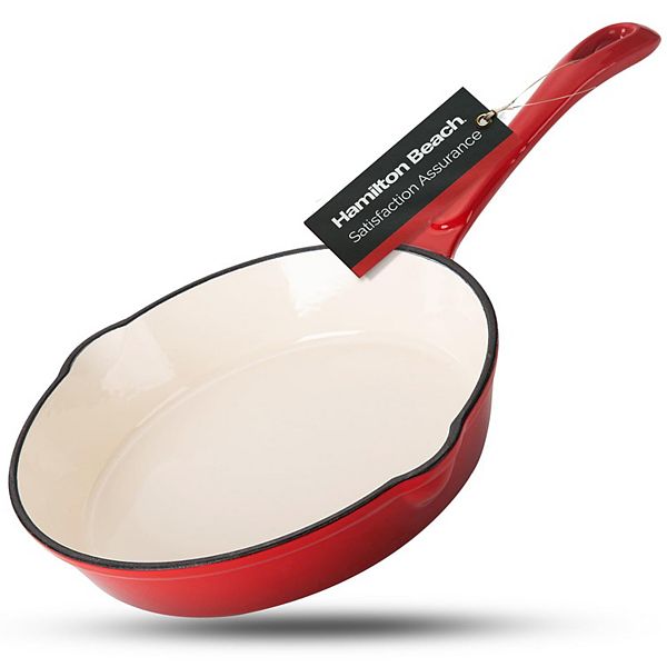 Hamilton Beach Enameled Cast Iron Fry Pan 8-inch Red, Cream Enamel Coating, Smooth And Durable Hamilton Beach