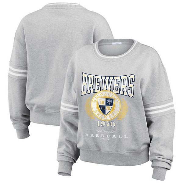 Women's WEAR by Erin Andrews Heather Gray Milwaukee Brewers Domestic Crest Pullover Sweatshirt WEAR by Erin Andrews