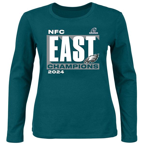 Женский темно-зеленый лонгслив Philadelphia Eagles от Fanatics, чемпион NFC East 2024, с круглым вырезом Fanatics