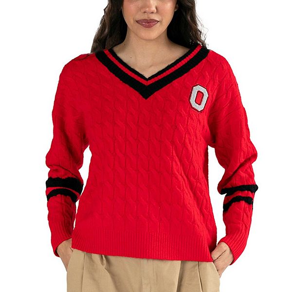 Women's Lusso Scarlet Ohio State Buckeyes Stella Cable Knit V-Neck Pullover Sweater Lusso