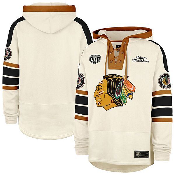 Men's '47  Cream Chicago Blackhawks Blue Line Heritage Lacer Pullover Hoodie 47 Brand