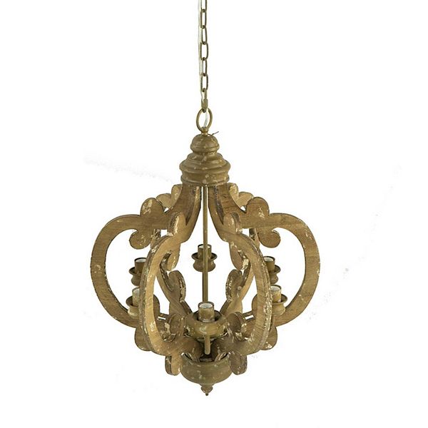 6-light Wood Pendant Chandelier Light Fixture With Adjustable Chain For Dining Room Woody Flaw Crest