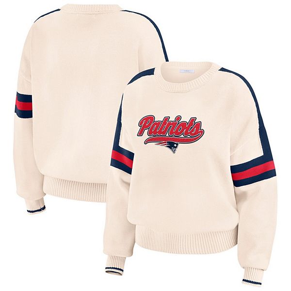 Women's WEAR by Erin Andrews  Cream New England Patriots Stripe Pullover Sweater WEAR by Erin Andrews