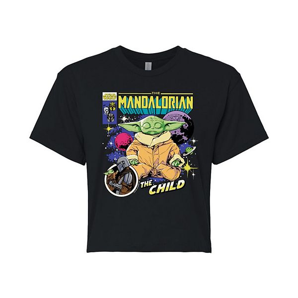 Juniors' The Mandalorian Grogu The Child Comic Cover Cropped Tee Star Wars