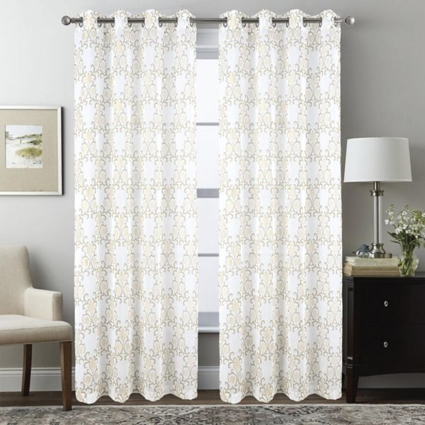 Crown Grommet Metallic Sheer Printed Doily Curtain Panel Pair RT Design