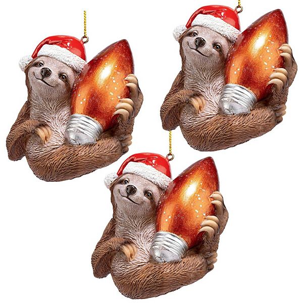 Santa's Holiday Season Sloth Christmas Ornament: Set of Three Design Toscano