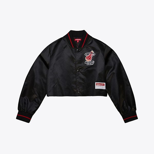 Women's Mitchell & Ness x DANNIJO Black Miami Heat Cropped Satin Full-Snap Jacket Mitchell & Ness