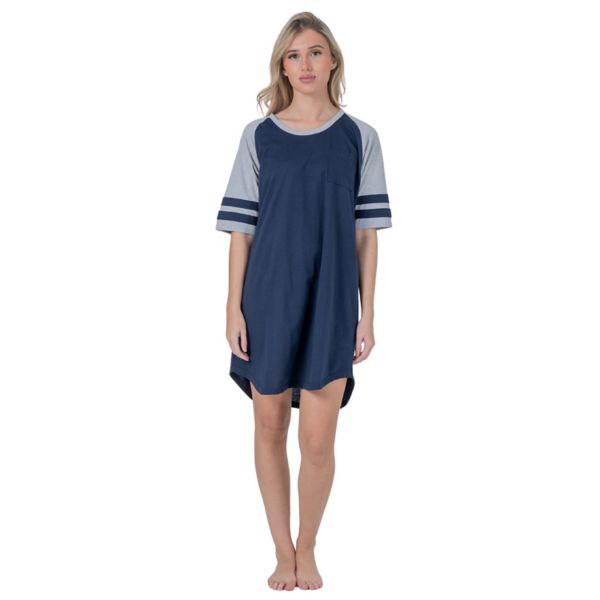 Womens Short Sleeve Two Tone Nightgown with 3 Stripe Accent Sleeves Design with Pocket Sleepshirt Yafemarte