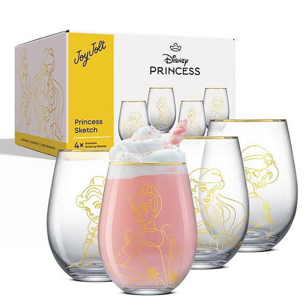 JoyJolt Disney Princess 4-Piece Sketch Stemless Drinking Glasses JoyJolt