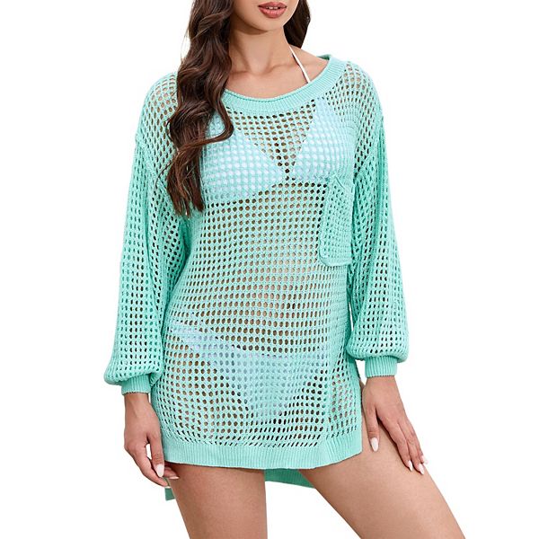 Women's Summer Crochet Hollow Sweater Long Sleeve Crewneck Beach Mesh Cover Up Tunic Top Kojooin