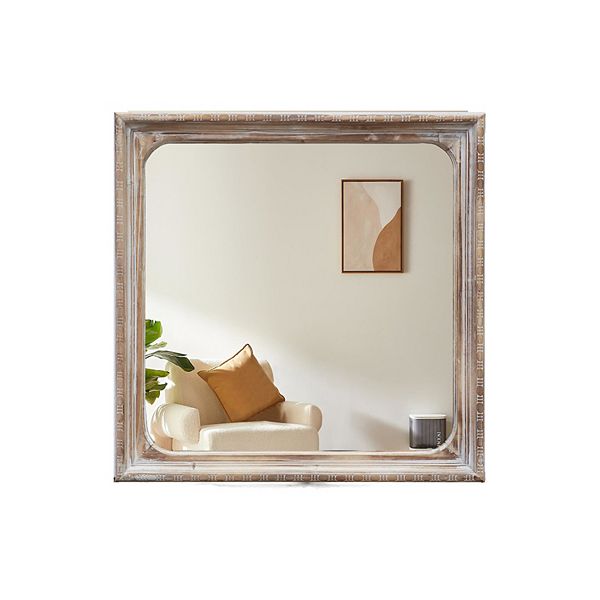 Parisloft Square Wood Wall Mirror -23.6 x 23.6 Inches, Rustic Brown Parisloft