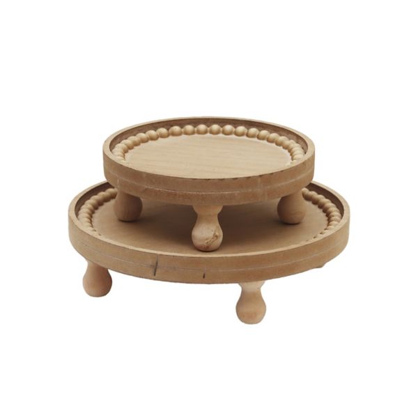 Parisloft Set of 2 Round Wood Plant Stand with Wood Beads, Brown, 5.6"/7.6"Dia. Parisloft