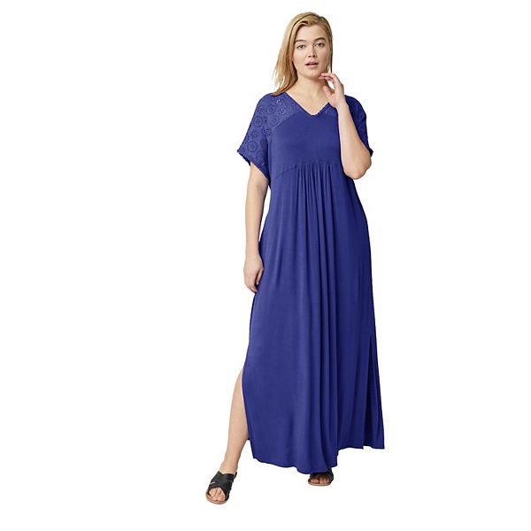 Ellos Women's Plus Size Eyelet Trim Knit Maxi Dress Ellos