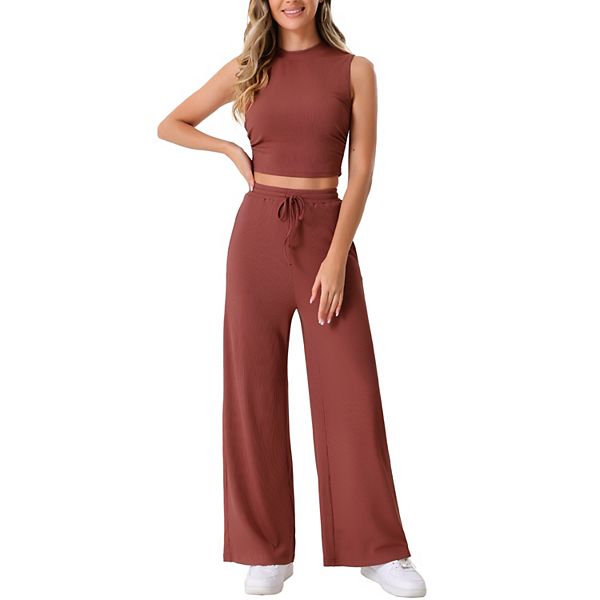 Women's 2 Piece Casual Sets Crew Neck Sleeveless Crop Tank Wide Leg Pants Summer Lounge Set Allegra K