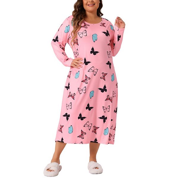 Plus Size Pajamas for Women Crew Neck Long Sleeve Casual Print Sleep Dress Nightgown Sleepwear Agnes Orinda