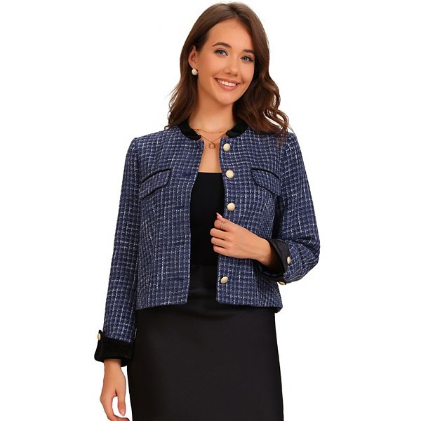 Women's Elegant Tweed Plaid Suit Blazer Button Winter Fall Work Office Short Jacket Coat Allegra K