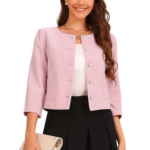 Work Office Blazer for Women's Collarless 3/4 Sleeve Lightweight Pockets Button Down Suit Blazer Allegra K