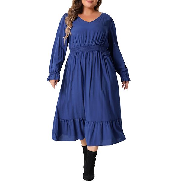 Plus Size Women's Elegant Dresses Long Sleeve High Waist Ruffle Hem Casual Long Dress with Pockets Agnes Orinda