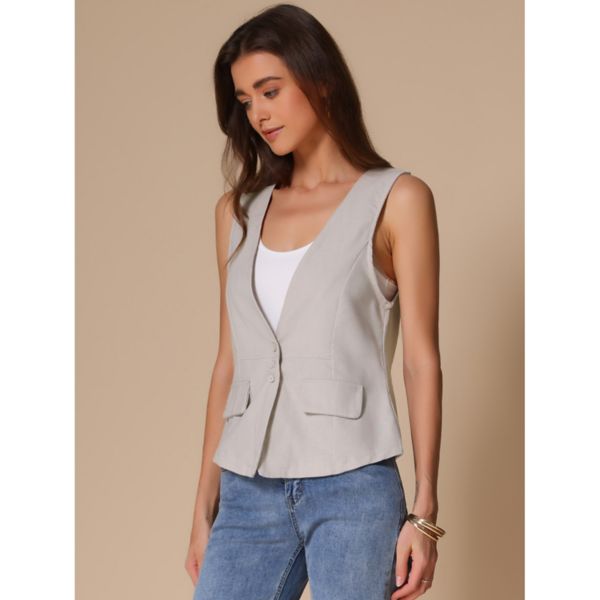 Women's Casual Linen Vest Loose Sleeveless Blazer Lightweight Jacket Waistcoat Inspire Chic