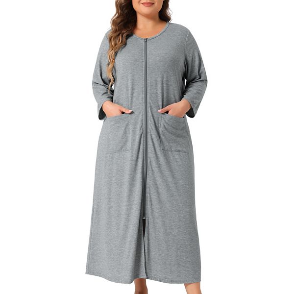 Plus Size Sleepwear for Women Zipper Front 3/4 Sleeves Robe Bathrobes Nightgown with Pockets Agnes Orinda