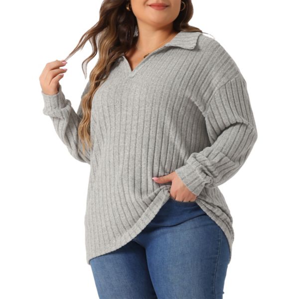 Women's Plus Size Loose Polo V Neck Long Sleeve T Shirts Tops Collared Ribbed Brushed Top Sweater Agnes Orinda