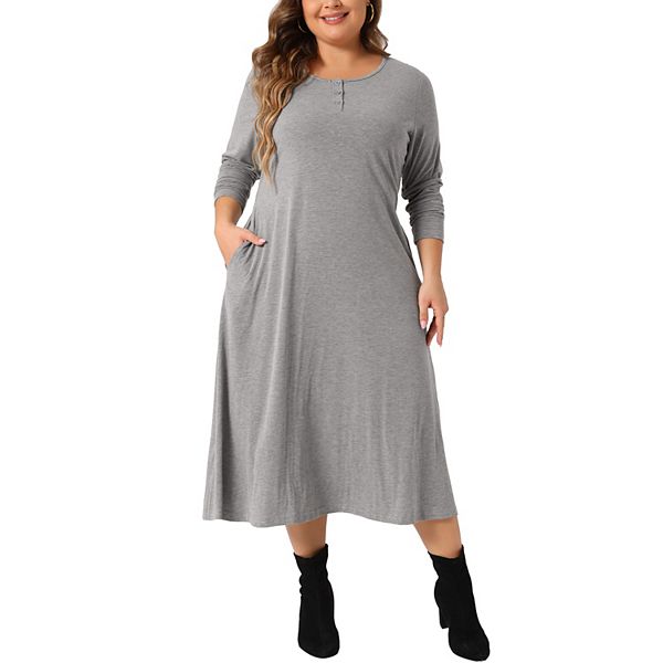 Plus Size T-Shirt Dress for Women Crew Neck Button Long Sleeve Casual Dresses with Pockets Agnes Orinda