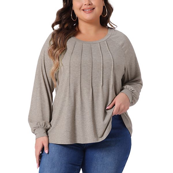 Plus Size Women's Tops Tunic Crew Neck Pleated Dressy Long Sleeve Shirts Casual Soft Blouse Agnes Orinda