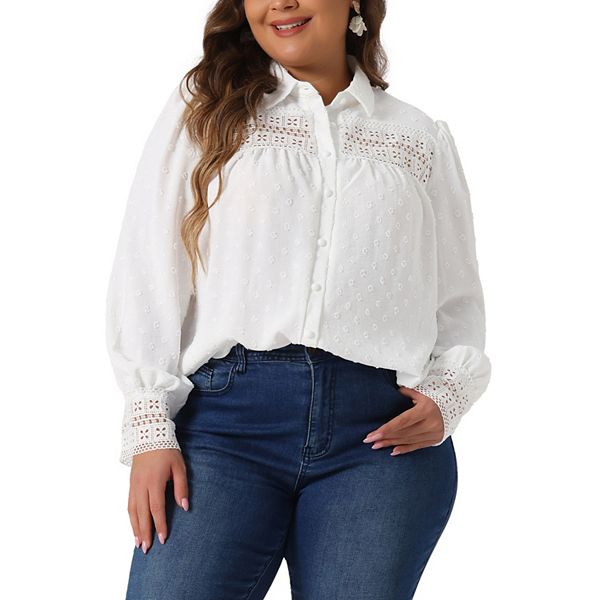 Plus Size Tops Shirt for Women Crochet Embroidery Eyelet Long Sleeve Button Front Oversized Blouse Agnes Orinda