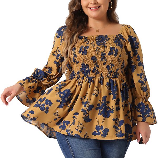 Plus Size Women's Floral Print Tops Square Neck Long Sleeve Casual Smocked Peplum Blouses Shirts Agnes Orinda