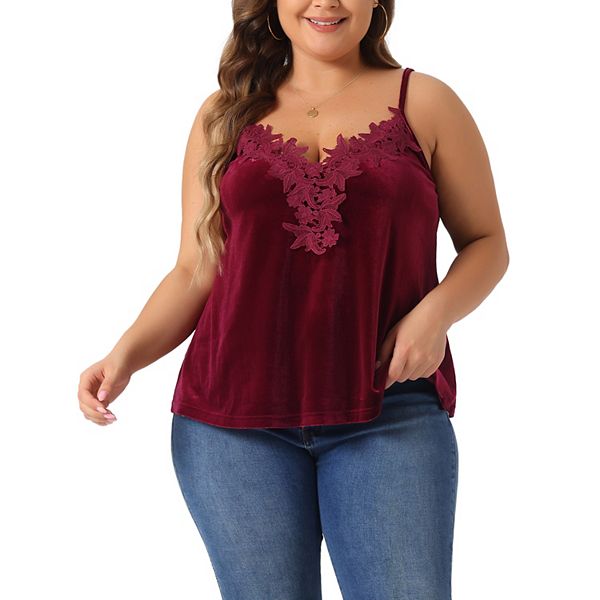 Plus Size Tank Tops for Women V Neck Lace Floral Panel Spaghetti Strap Cami Velvet Tank Tops Agnes Orinda