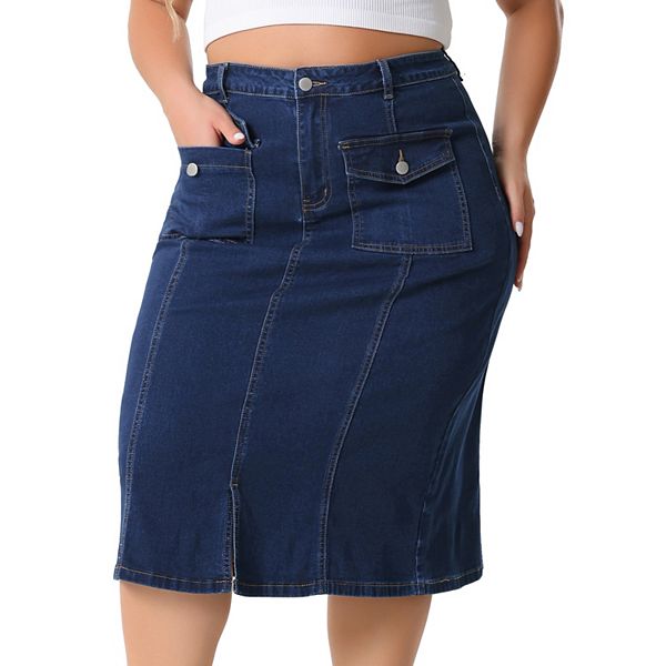 Plus Size Denim Skirt for Women Basic High Waist Ripped Hem Pockets Jeans Skirts Agnes Orinda