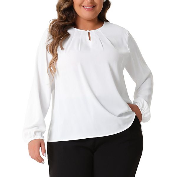 Plus Size Tops for Women Crew Neck Pleated Curved Keyhole Long Sleeve Chiffon Work Blouses Agnes Orinda