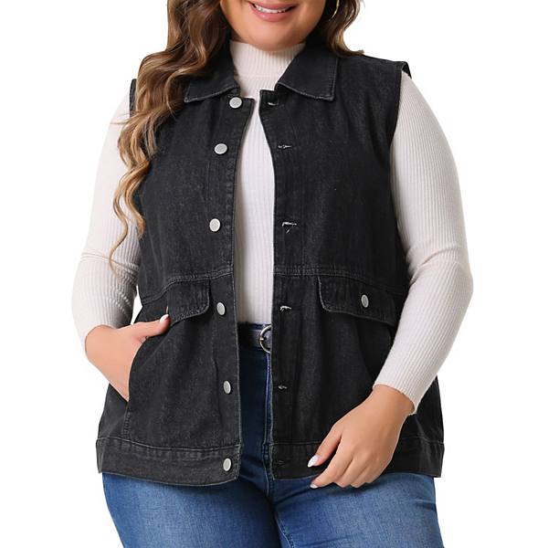 Women's Plus Size Denim Vest Oversized Button Down Sleeveless Waistcoat Shacket Jean Jacket Agnes Orinda