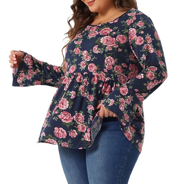 Plus Size Tops for Women Floral Bell Long Sleeve Crew Neck Shirt Peplum Babydoll Top Agnes Orinda