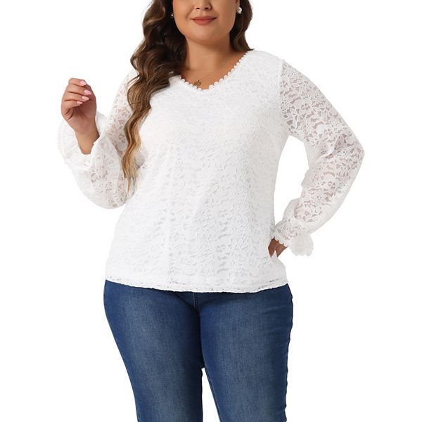 Plus Size Top for Women Lace V Neck Long Sleeve Through Floral Dressy Casual Blouses Tunic Tops Agnes Orinda