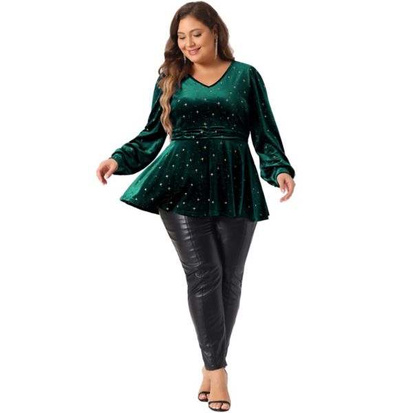 Plus Size Velvet Tops for Women V Neck Long Sleeve Shiny Gilding Metallic Stars Tops Agnes Orinda