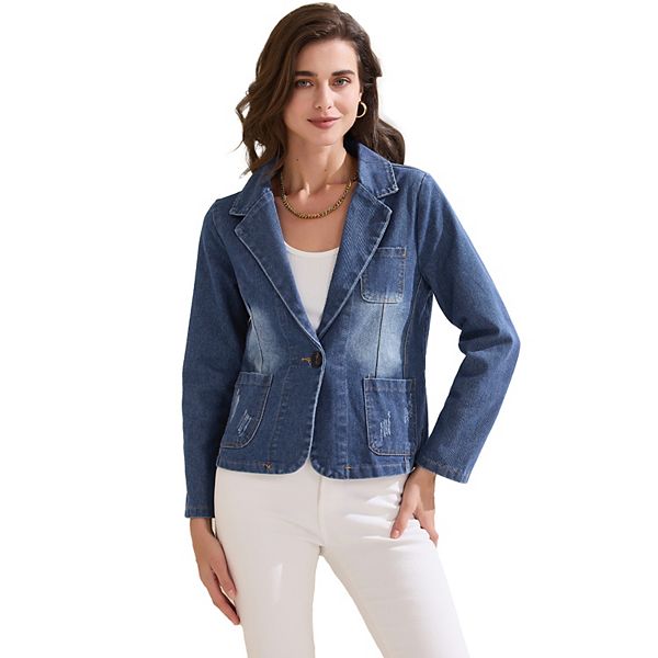 Women's Denim Jackets Casaul Office Washed Jean Notched Lapel Blazer Inspire Chic