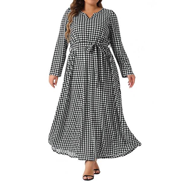 Women's Plus Size Notched V Neck Long Sleeve Gingham Checked Dress Maxi Tie Waist Dresses Agnes Orinda