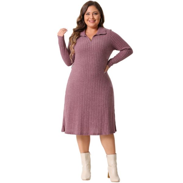 Plus Size Dress for Women Ribbed Sweater Half Zip Front Long Sleeve Tie Waist Knit with Belt Agnes Orinda