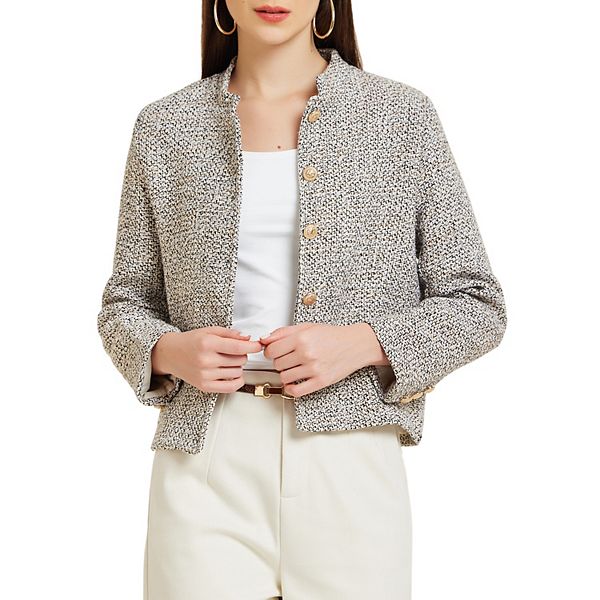 Women's Tweed Blazer Stand Collar Long Sleeve Cropped Blazer Jacket Allegra K