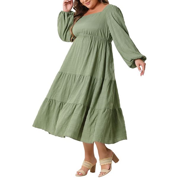 Plus Size Casual Midi Dress for Women Square Neck Long Sleeve Flowy a Line Tiered Dress Agnes Orinda