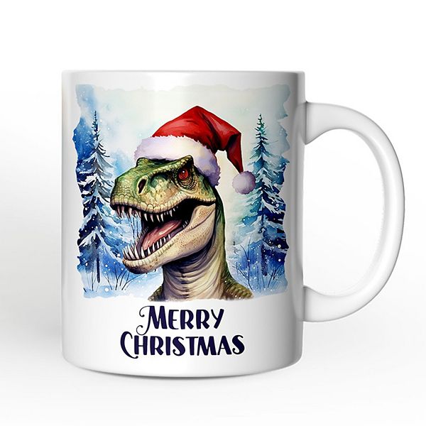 Dinosaur with Santa Hat Mug, Winter Forest Christmas Gift OrnamentallyYou