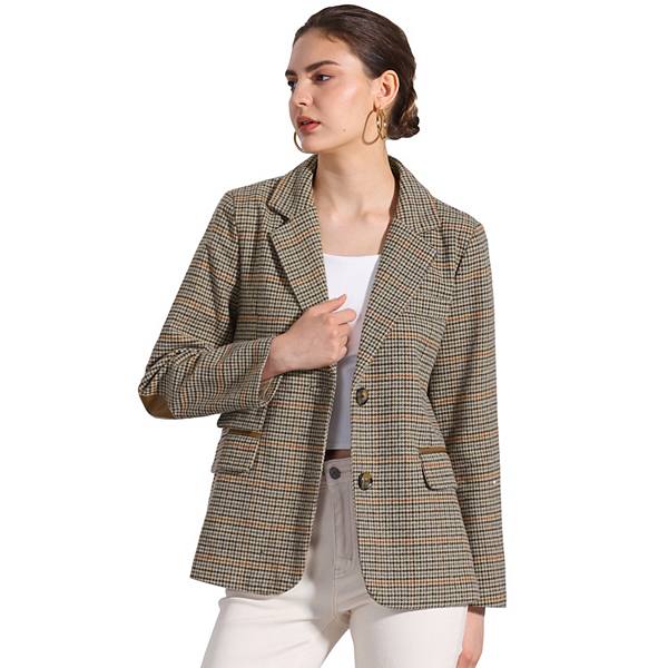 Women's Plaid Notched Lapel Button Front Work Formal Blazer Jacket Allegra K