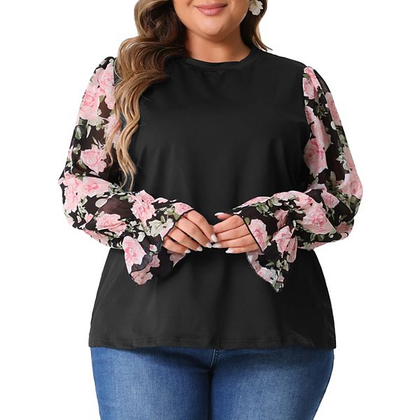 Plus Size Tops for Women Crew Neck Floral Printed Long Sleeve Blouses Agnes Orinda