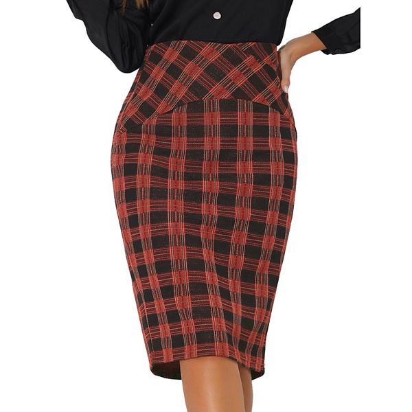 Women's Elastic High Waist Knee Length Plaid Pencil Skirt with Side Zipper Inspire Chic