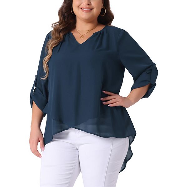 Plus Size Blouses for Women Long Sleeve V Neck Irregular Hem Layer Casual Tunics Tops Tee Shirts Agnes Orinda